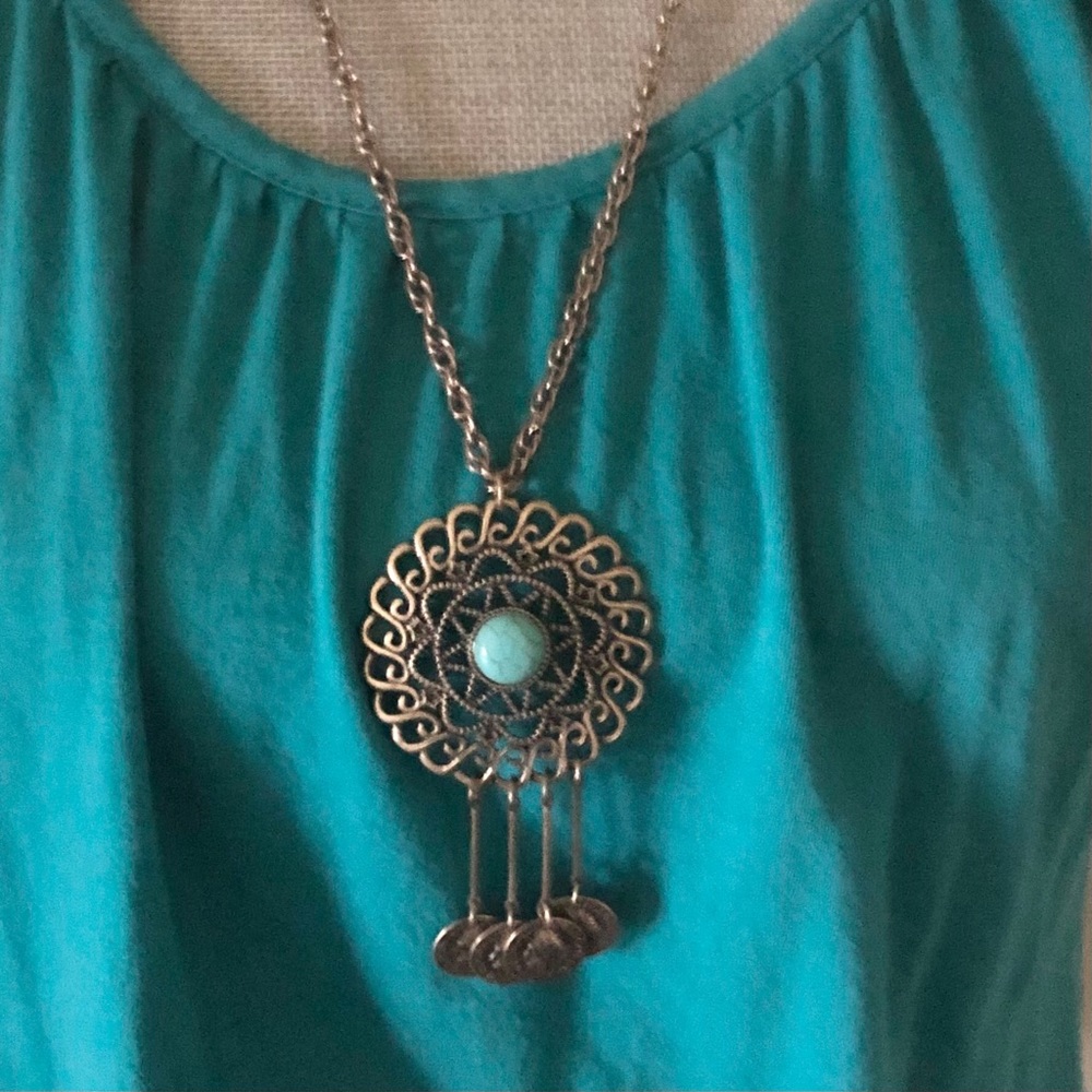 Antique gold boho necklace with faux turquoise